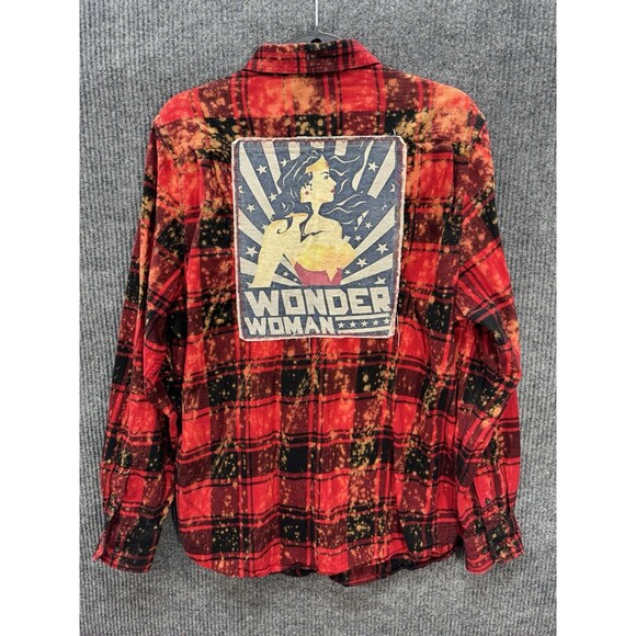 Angry Minnow Vintage Flannel Button Shirt Size Large Red Wonder Woman Plaid - Picture 1 of 10